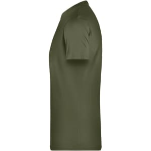 A men's basic T-shirt in olive green, featuring a simple, classic design and a logo on the garment.