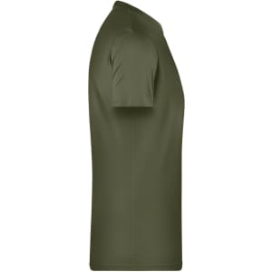 A plain olive green men's T-shirt with short sleeves, featuring a simple design and a logo on the label.
