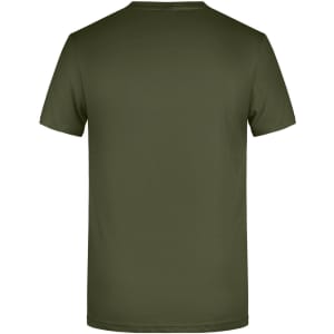 A plain olive green t-shirt featuring a crew neck and short sleeves, with a logo on the back.