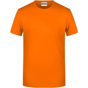 An orange short-sleeve T-shirt with a round neckline and a logo on the label.