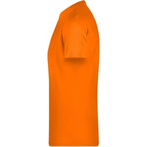 An orange short-sleeve t-shirt displayed from the side, featuring a simple design with a logo.