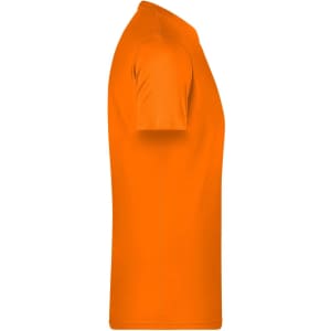 An orange basic T-shirt with short sleeves and a round neckline, featuring a logo.