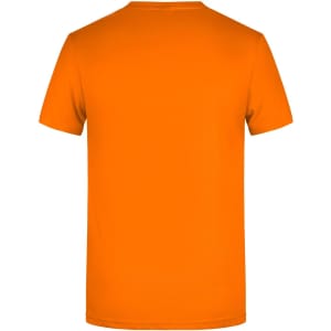 A plain orange T-shirt with a crew neck and short sleeves, featuring a logo on the back.