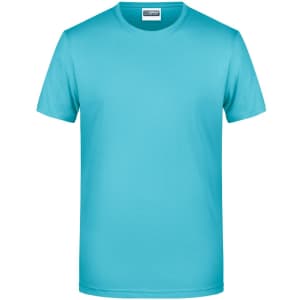 A turquoise basic T-shirt with a round neckline and short sleeves. It has a logo tag on the neckline.
