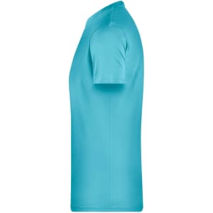 A turquoise men's basic t-shirt with short sleeves, featuring a logo. Side view.
