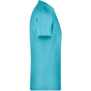 A turquoise men's T-shirt in a classic style with short sleeves, featuring a logo on the side.