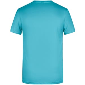 A teal men's basic T-shirt with a round neck and short sleeves, featuring a logo on the back.