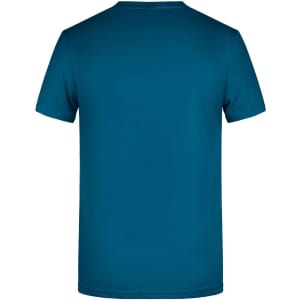 A teal basic t-shirt with a crew neck and short sleeves, featuring a logo on the back.
