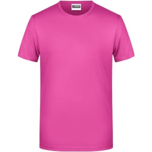 A pink basic men's T-shirt with a crew neck and short sleeves, featuring a logo.