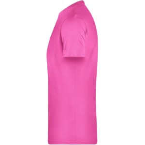A pink men's basic t-shirt featuring short sleeves and a crew neck, with a logo on the side.