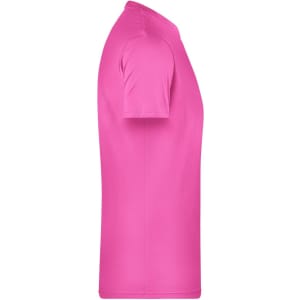 A side view of a vibrant pink basic T-shirt with short sleeves. The shirt features a logo on the side.