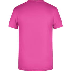 A bright pink T-shirt featuring a classic crew neck design, with a logo on the back.