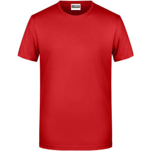 A red men's basic T-shirt with a round neck and short sleeves. The shirt features a logo on the label.