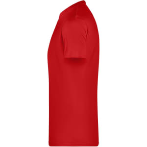 A red men's basic T-shirt with short sleeves and a logo present. The shirt is displayed from the side.
