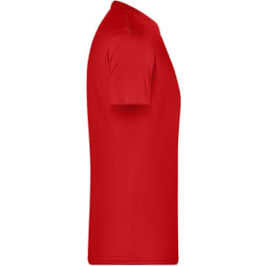 A red short-sleeve T-shirt displayed from the side. The shirt features a simple design and has a logo on it.