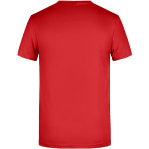 A red basic t-shirt with a plain back and a small logo at the neck area. Suitable for casual wear.
