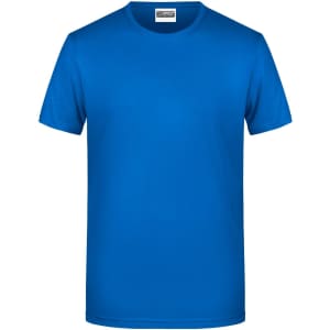 A blue basic T-shirt stands upright, featuring a simple design and a label inside the collar. It has a logo on the label.