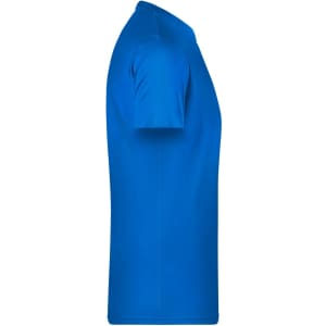 A side view of a vibrant blue basic t-shirt, featuring short sleeves and a simple design. It has a logo on it.