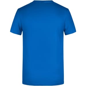 A blue men's basic T-shirt with a simple design and a logo on the back.