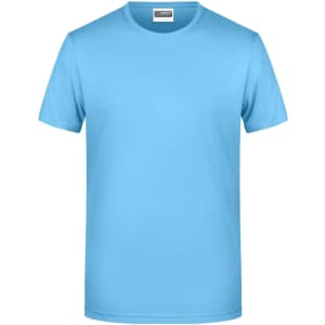 A light blue men's T-shirt with a round neckline and short sleeves, featuring a logo.