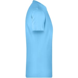 A light blue men's basic T-shirt with a crew neck and short sleeves, featuring a logo on the side.