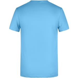 A blue men's basic T-shirt featuring a simple design and a logo on the back.