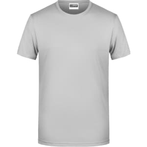 A light grey basic T-shirt with short sleeves and a round neckline, featuring a logo on the label.