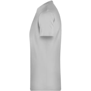A light grey short-sleeved T-shirt displayed from the side, featuring a minimalist design and a logo.