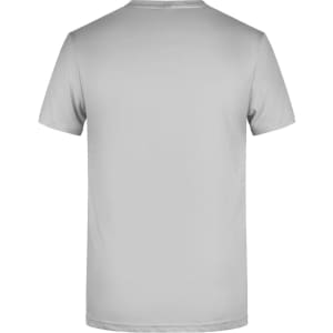 A plain grey men's T-shirt with a crew neck and short sleeves, featuring a branding logo on the back.