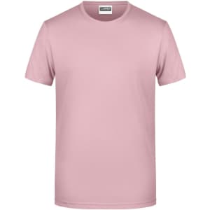 A pink short-sleeve t-shirt featuring a plain design and a logo on the label.