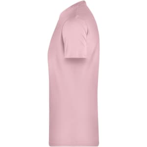 A pink men's basic T-shirt, featuring short sleeves and a simple design. Includes a logo on the fabric.
