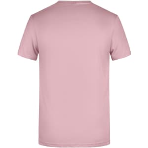 A plain pink T-shirt featuring a round neckline and short sleeves, with a logo on the back.