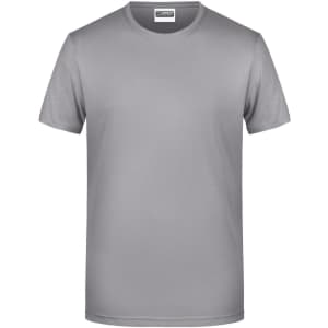A grey men's basic T-shirt with a crew neck and short sleeves. The shirt features a brand logo.