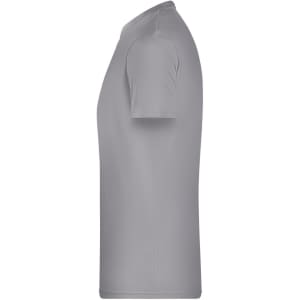 A grey men's basic T-shirt with short sleeves and a simple design, featuring a logo on the side.