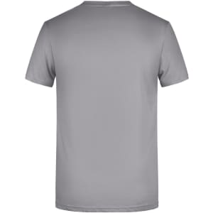 A grey men's basic T-shirt, featuring a simple design and short sleeves, with a logo present.