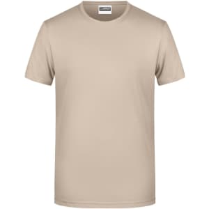 A beige men's T-shirt with a round neckline and short sleeves, featuring a logo on the label.
