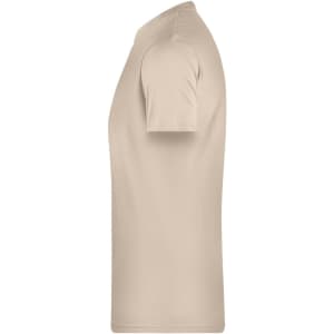 A light beige short-sleeved T-shirt with a simple design and a logo on the side.