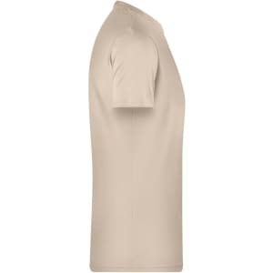 A beige men's basic T-shirt displayed from the side, featuring short sleeves and a simple design.