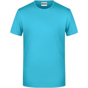 A turquoise men's basic t-shirt with a round neck and short sleeves. The shirt has a logo on the label.