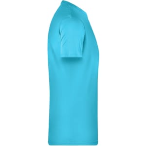 A side view of a men's T-shirt in bright teal, featuring short sleeves and a simple design with a logo.