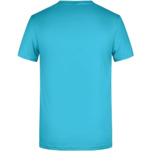 A plain turquoise T-shirt with short sleeves and a round neckline, featuring a logo on the back.