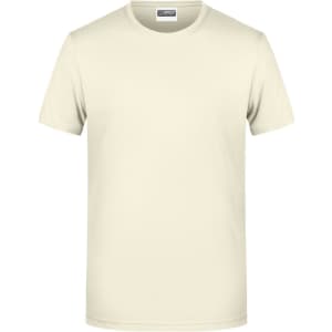 A plain cream-coloured short-sleeve T-shirt with a crew neck, featuring a branding logo.