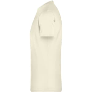 A light beige men's basic T-shirt with short sleeves and a simple design, featuring a logo.
