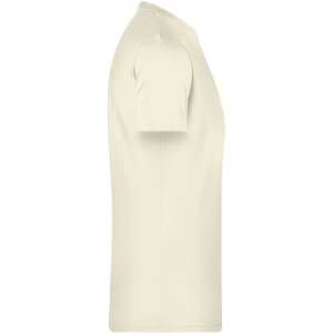 A plain short-sleeved T-shirt in off-white with a simple design and a logo on the side.