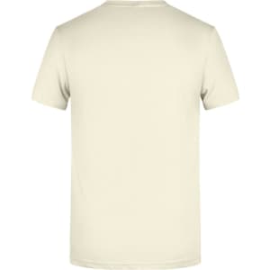 A plain short-sleeve t-shirt in a neutral beige colour, featuring a logo on the back.