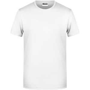 A plain white T-shirt with short sleeves and a crew neck. It features a logo on the label.