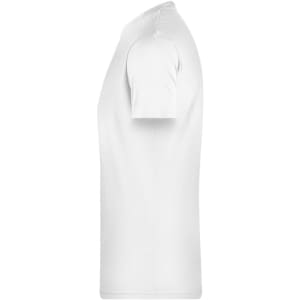 A plain white T-shirt displayed from the side, featuring a simple design and short sleeves. It has a logo on it.