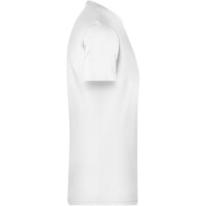 A white T-shirt featuring short sleeves and a fitted design, with a logo on the front.