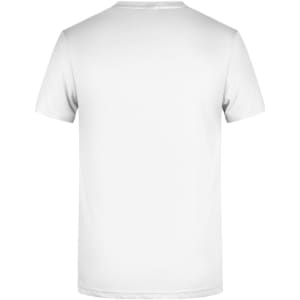 A plain white T-shirt featuring a round neckline and short sleeves, with a logo on the back.
