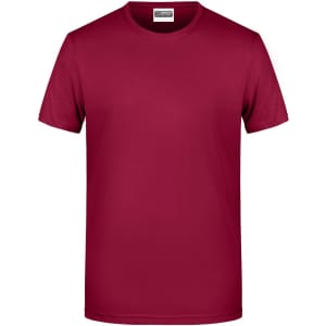 A maroon basic t-shirt with a classic crew neckline and short sleeves. The shirt features a logo on the label.